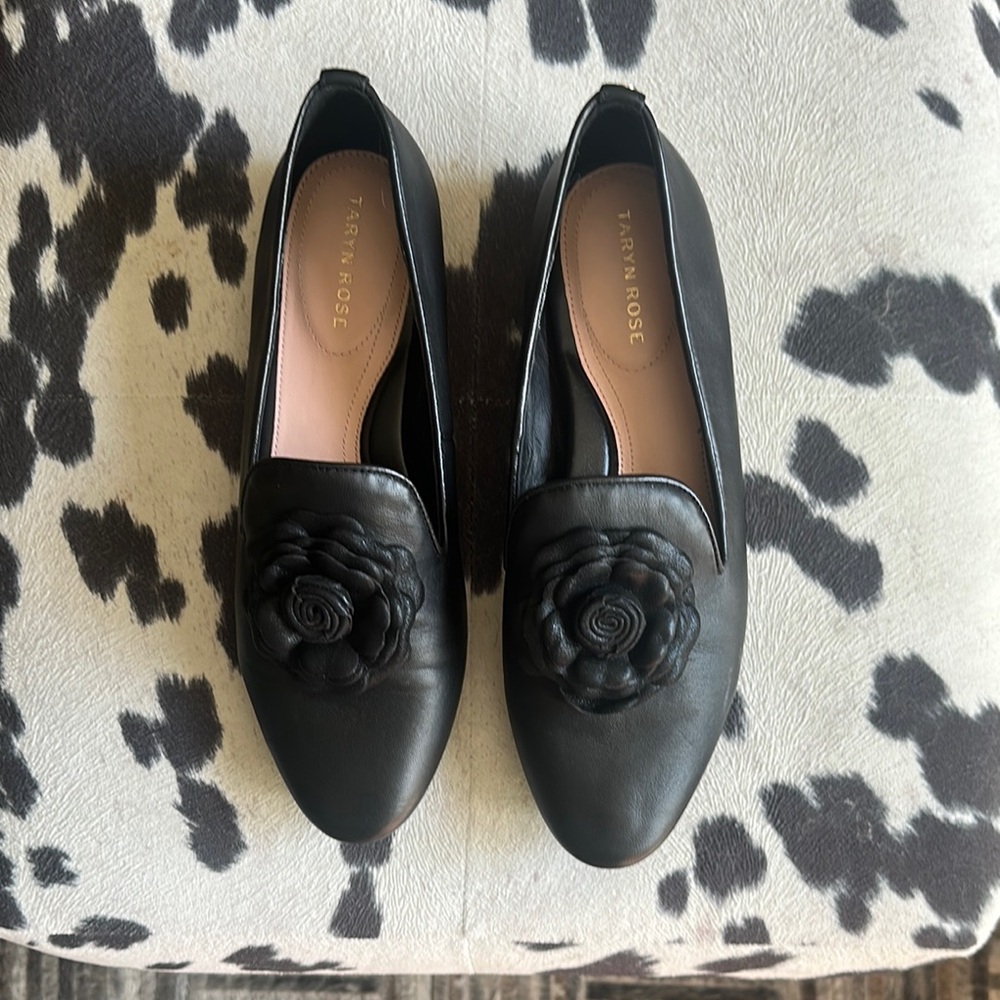 Taryn Rose Black Flats with Floral Embellishment
